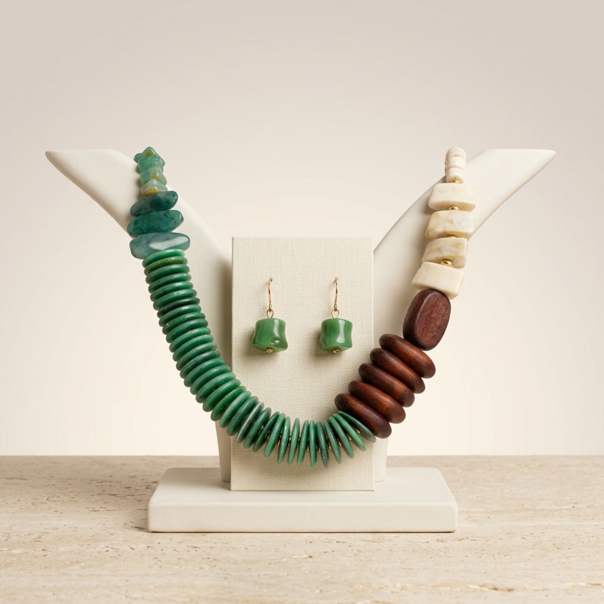 Tribal Asymmetrical Green and Wood Bead Necklace