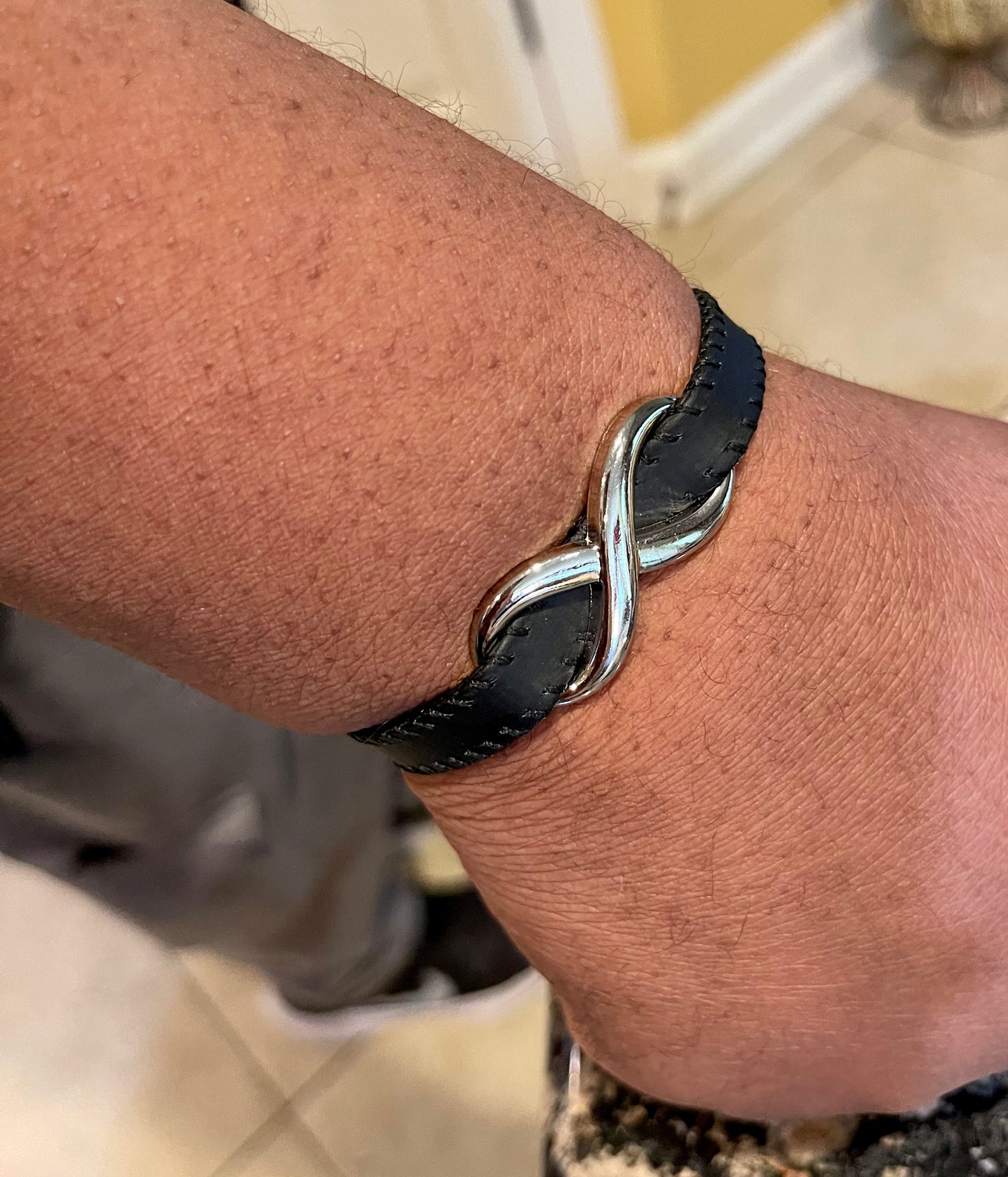 Unisex Black Leather Metal Infinity Stainless Steel Bracelet