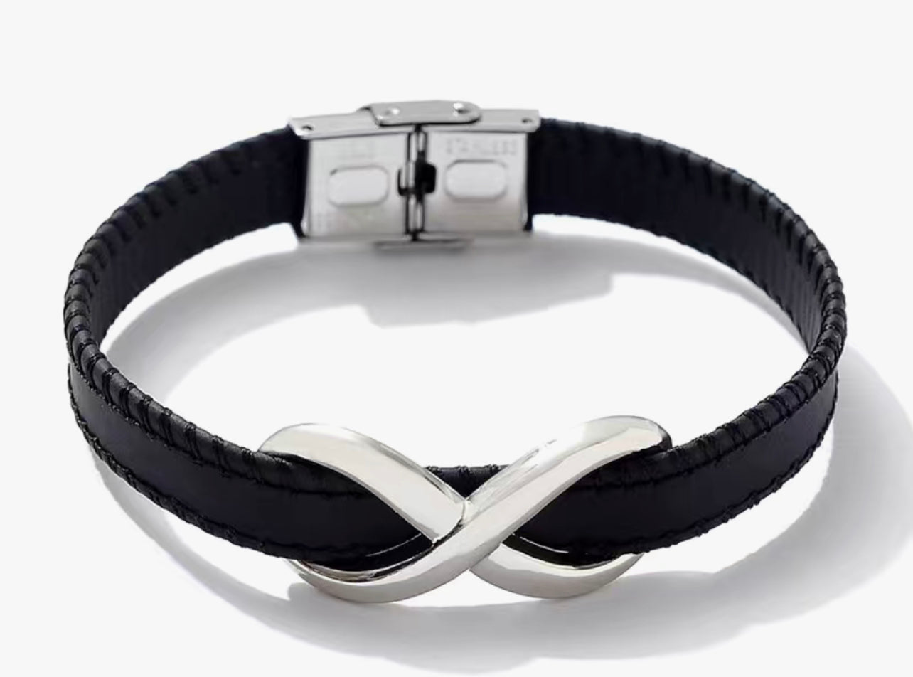 Unisex Black Leather Metal Infinity Stainless Steel Bracelet