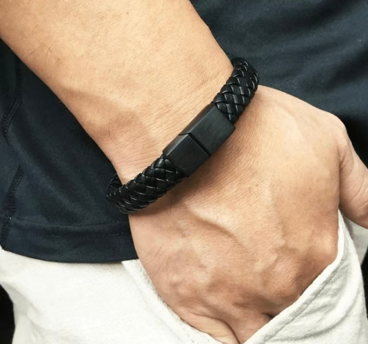 Unisex Black Braided Leather Bracelet