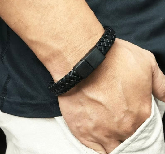 Unisex Black Braided Leather Bracelet