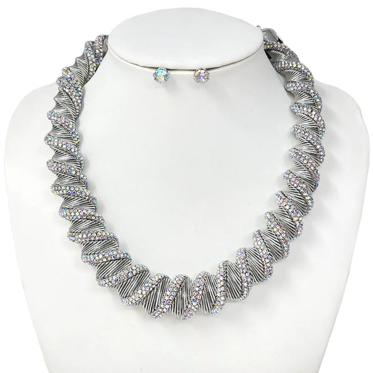 “Stella” Silver Twisted Rhinestone Necklace Set