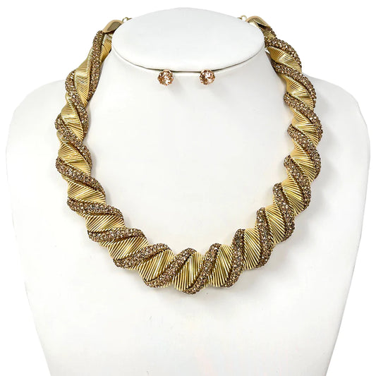 “Stella” Gold and Brown Rhinestone Twisted Necklace Set