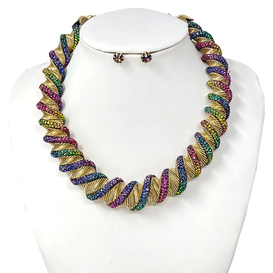 “Stella” Gold Multicolor Twisted Rhinestone Necklace Set