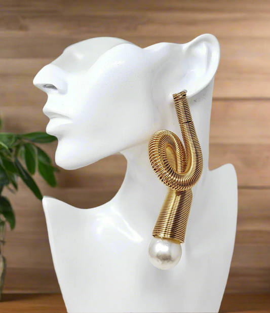 Gold Slinky Spring Pearl Pierced Earrings
