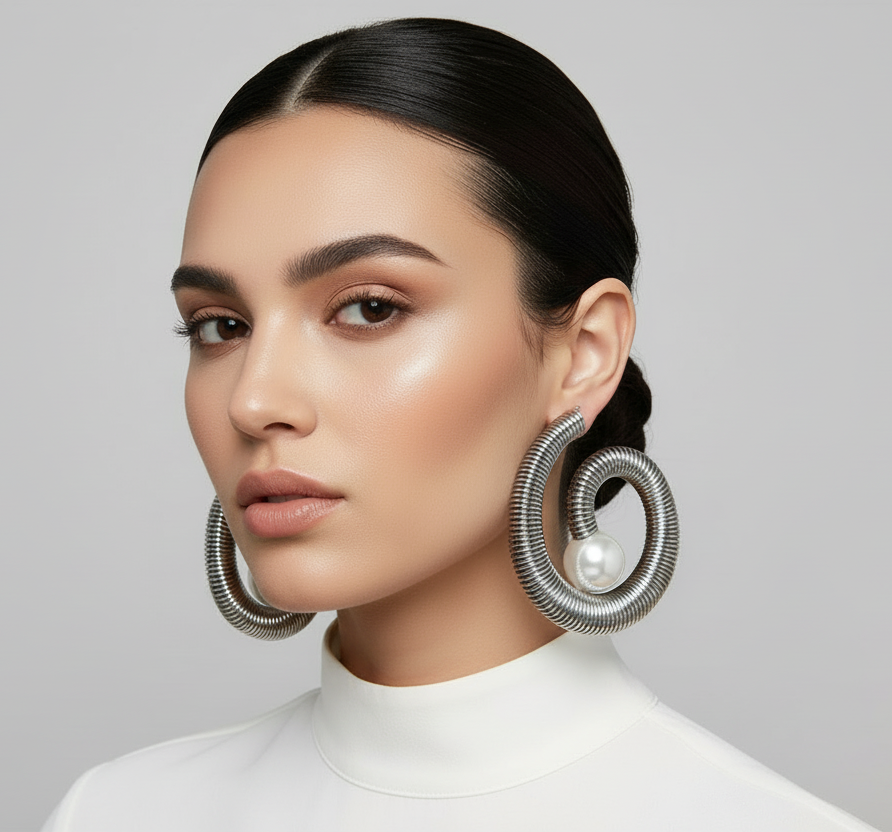 “Silver Spring” Coiled Pearl Pierced Earrings