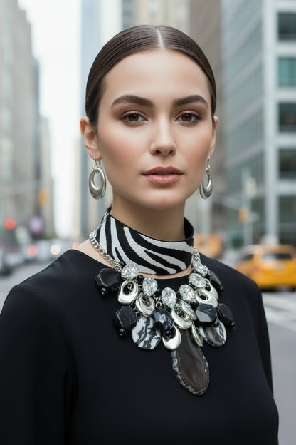 “Madison” Zebra Print Cluster Stone Choker Necklace Set