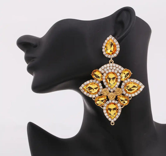 “Ashli” Yellow Gold Crystal Rhinestone Statement Pierced Earrings