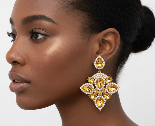 “Ashli” Yellow Gold Crystal Rhinestone Statement Pierced Earrings
