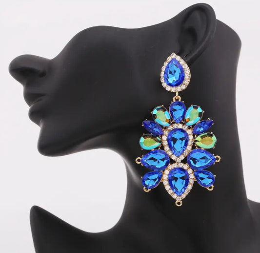 “Sparkle” Sapphire Blue and Green Crystal Rhinestone Statement Pierced Earrings