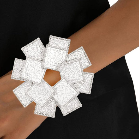 “Sophisticated” Silver Stacked Metal Squares Stretch Bracelet