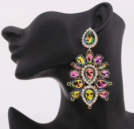 “Sparkle” Colorful Pink and Green Crystal Rhinestone Statement Earrings