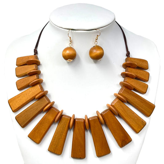 “Amara” Brown Wooden Pendant Bib Necklace Set