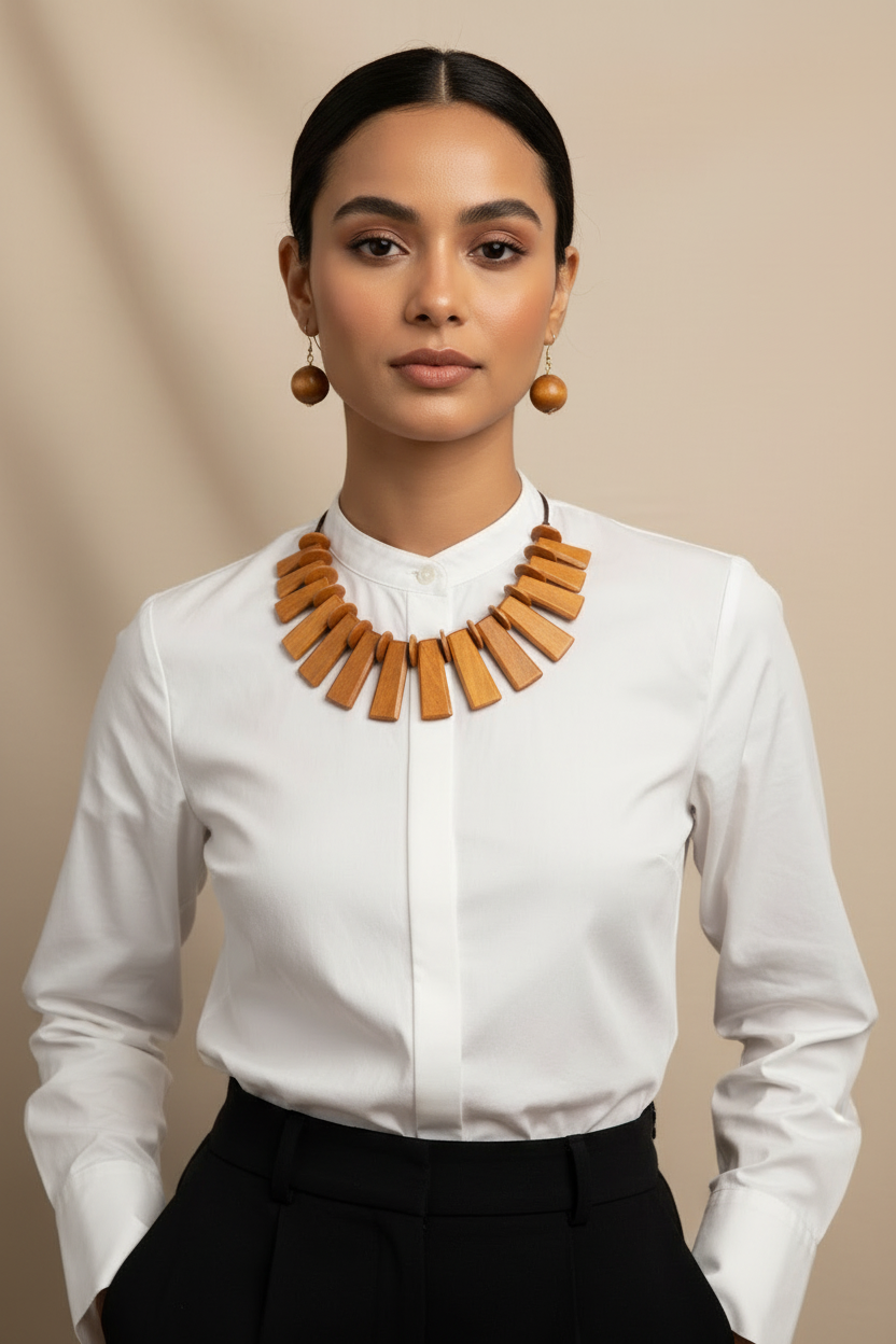 “Amara” Brown Wooden Pendant Bib Necklace Set