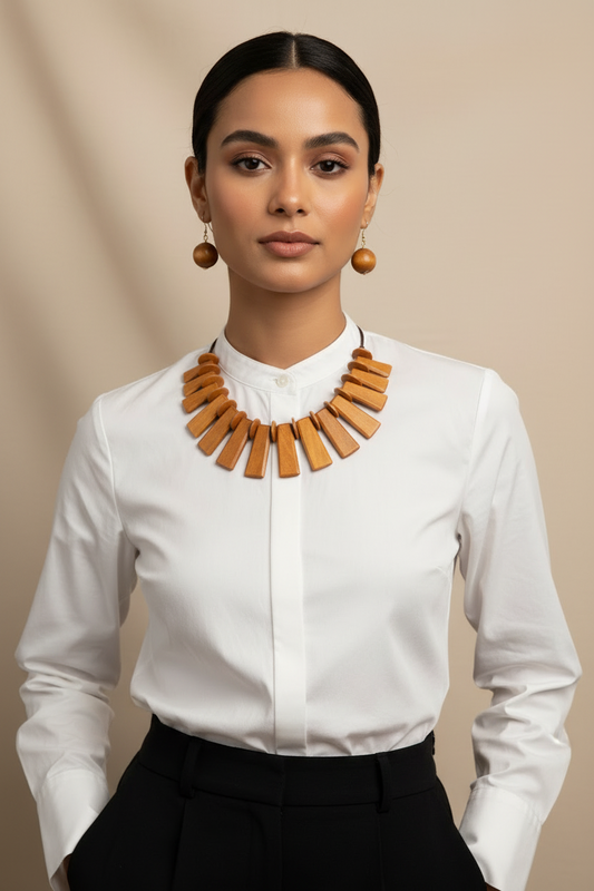 “Amara” Brown Wooden Pendant Bib Necklace Set