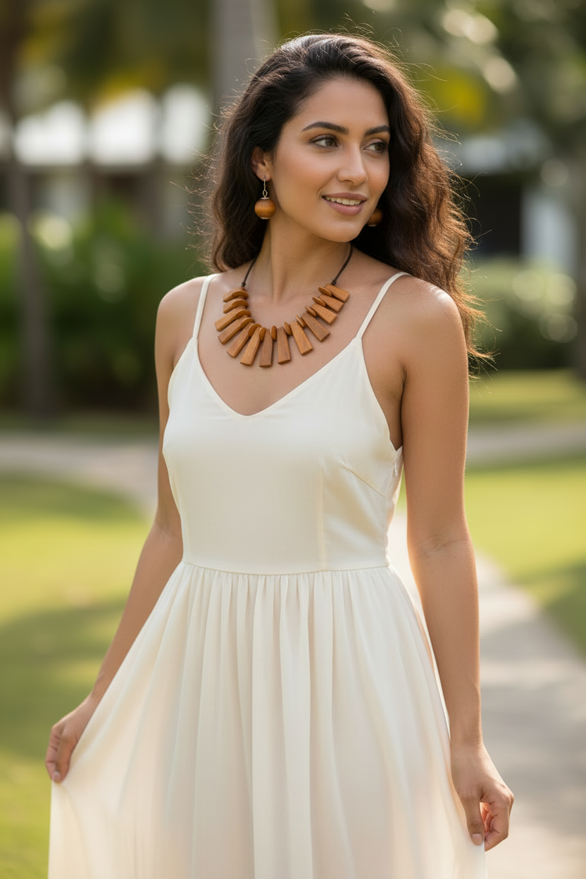 “Amara” Brown Wooden Pendant Bib Necklace Set