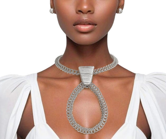 “Symphony” Silver Woven Choker 3D Pendant Necklace Set