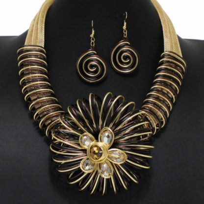 “CARMEN” GOLD AND BLACK METAL WIRE COIL FLOWER DESIGN NECKLACE SET
