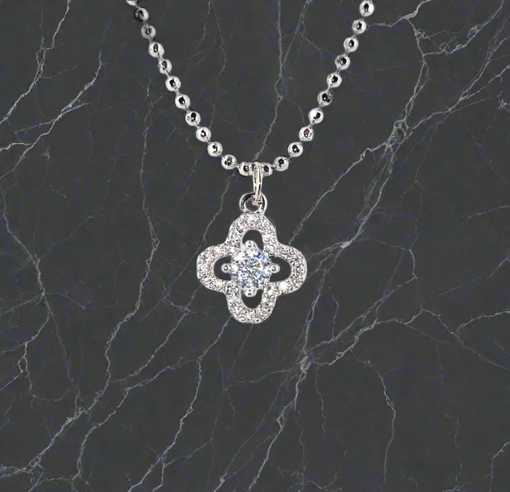 SILVER OPEN PAVE CLOVER NECKLACE WITH CUBIC ZIRCONIA STONES