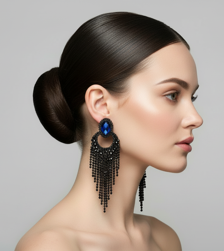 “GLAMOUR GIRL” BLUE RHINESTONE CHAIN TASSEL CLIP ON EARRINGS