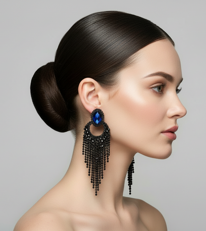 “GLAMOUR GIRL” BLUE RHINESTONE CHAIN TASSEL CLIP ON EARRINGS