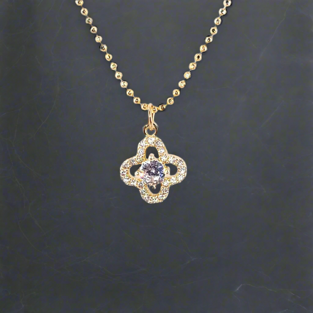 GOLD OPEN PAVE CLOVER NECKLACE WITH CUBIC ZIRCONIA STONES