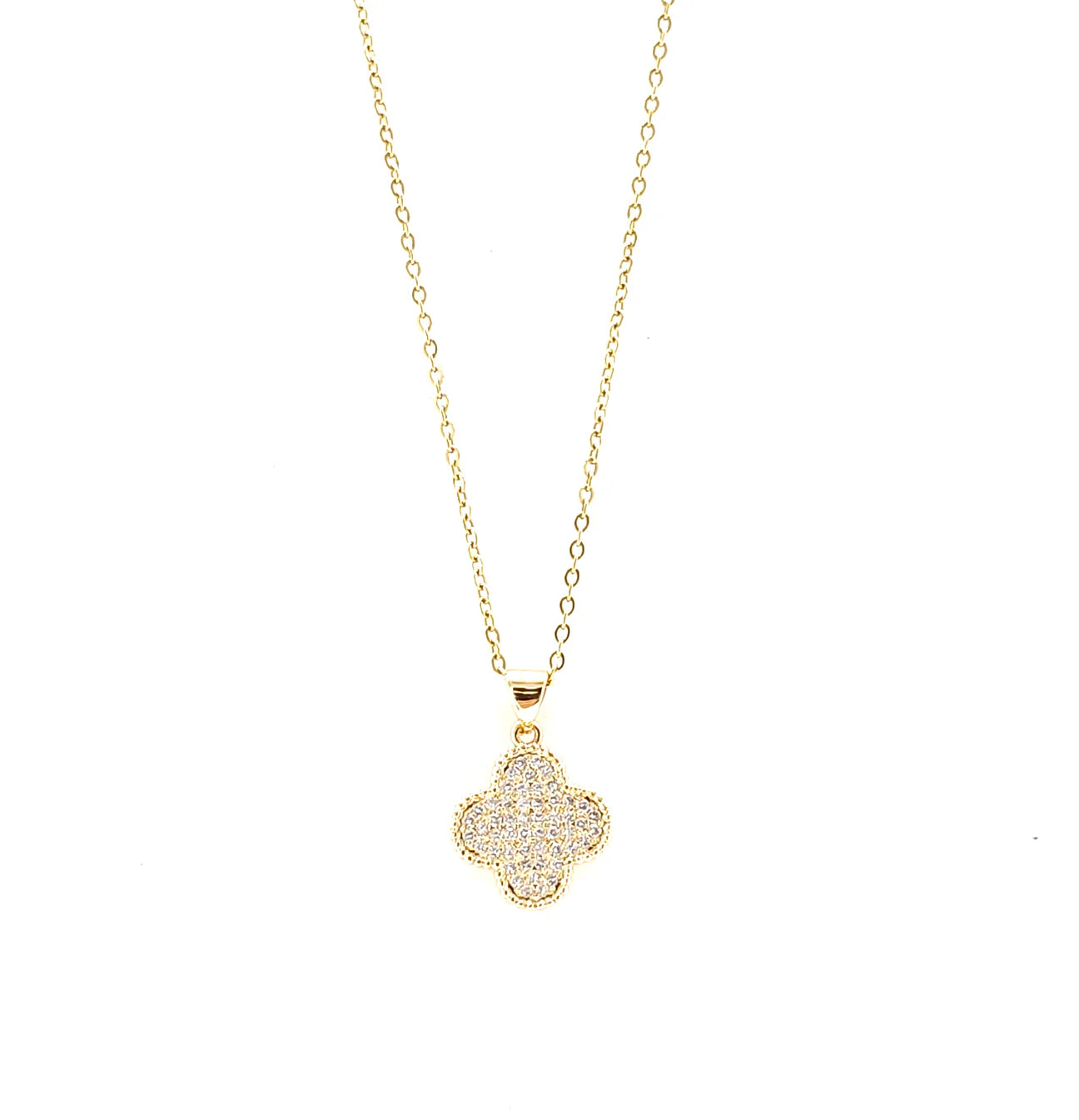 GOLD NECKLACE CLOVER PENDANT WITH CLEAR STONES