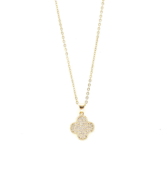 GOLD NECKLACE CLOVER PENDANT WITH CLEAR STONES