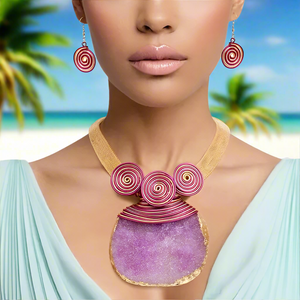“Majestic Orchid” Purple Druzy Stone Wire Tribal Necklace Set