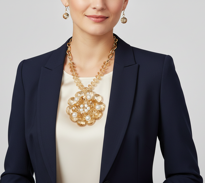 “SOPHISTICATED” GOLD CRYSTAL BEADS AND PEARLS CHUNKY FLOWER PENDANT NECKLACE SET