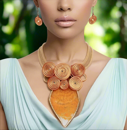 “Fiery Charm” Orange Resin Leaf Wire Tribal Pendant Necklace Set