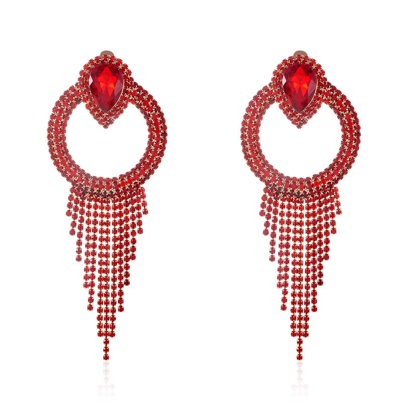 “GLAMOUR GIRL” RED CRYSTAL RHINESTONE CHAIN TASSEL
CLIP ON EARRINGS