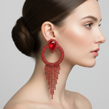 “GLAMOUR GIRL” RED CRYSTAL RHINESTONE CHAIN TASSEL
CLIP ON EARRINGS
