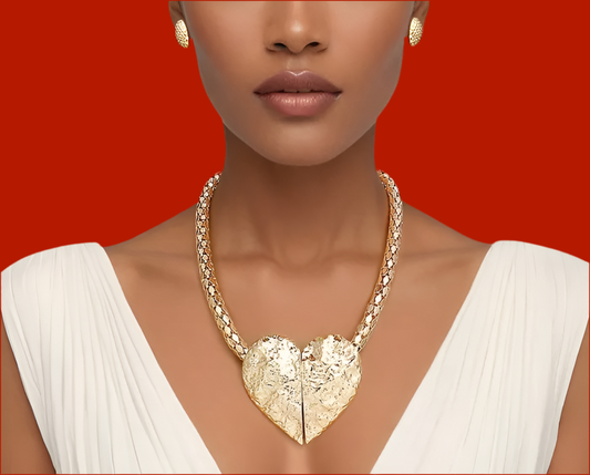 “Golden Heart” Magnetic Hammered Heart Chain Necklace Set