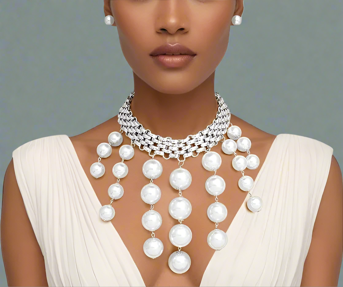 “The Gilded Grace” Modern Silver Woven Chain Pearl Choker Necklace Set