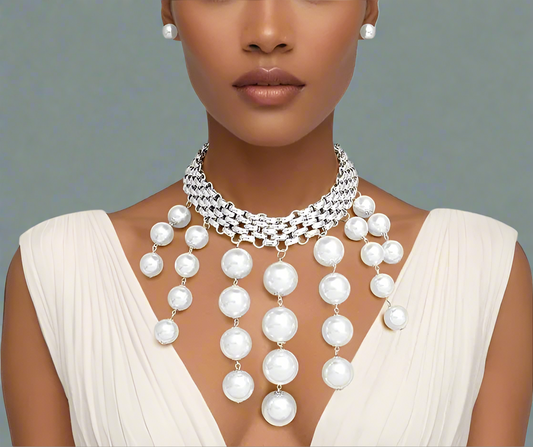 “The Gilded Grace” Modern Silver Woven Chain Pearl Choker Necklace Set