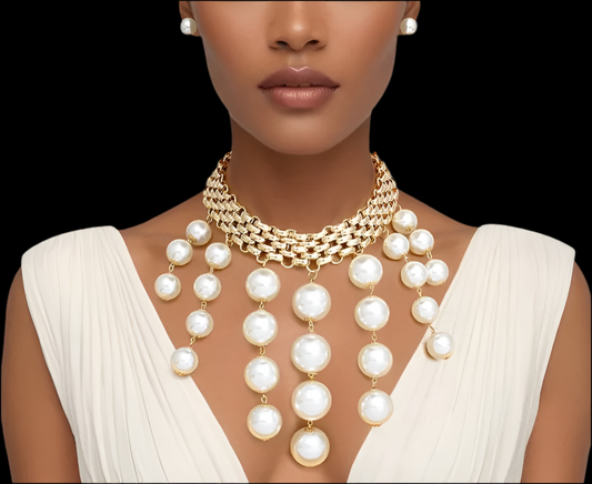 “The Gilded Grace” Modern Gold Woven Chain Pearl Choker Necklace Set