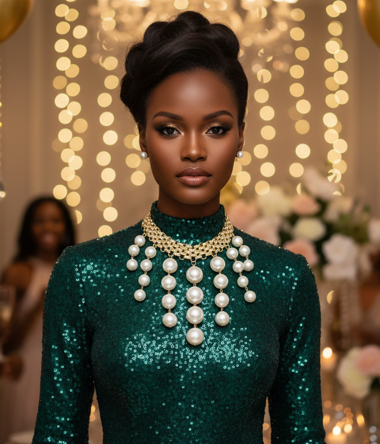 “Gilded Grace” Modern Gold Woven Chain Pearl Choker Necklace Set