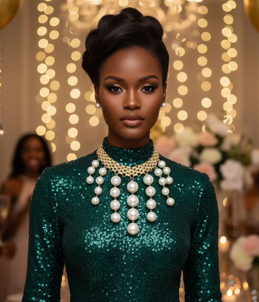 “Gilded Grace” Modern Gold Woven Chain Pearl Choker Necklace Set