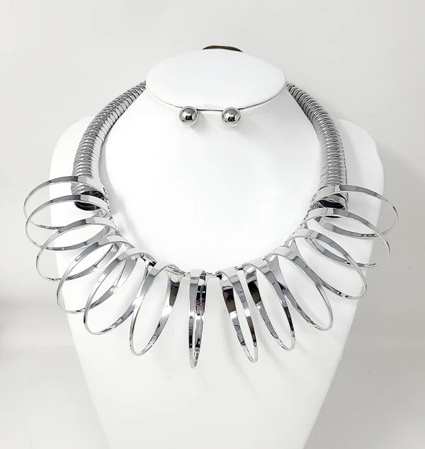 “Going in Circles” Silver Metal Coiled Collar Necklace Set