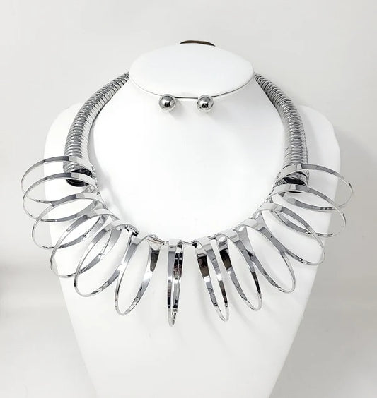 “Going in Circles” Silver Metal Coiled Collar Necklace Set