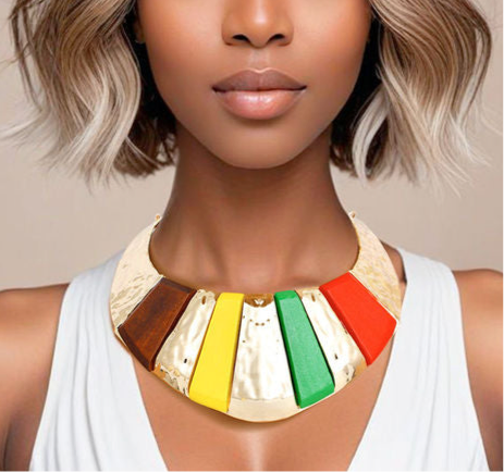 “Artistic Armor” Bold Multicolor Gold and Wood Statement Necklace