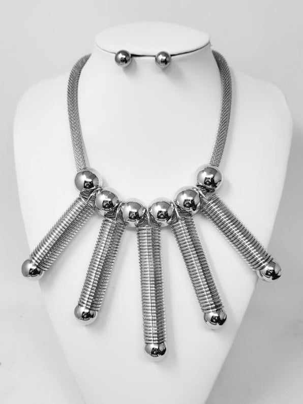 “Glam Rock” Silver Abstract Necklace Set