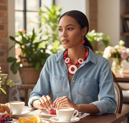 “Fiery Essence” Red Tribal Horn Necklace Set