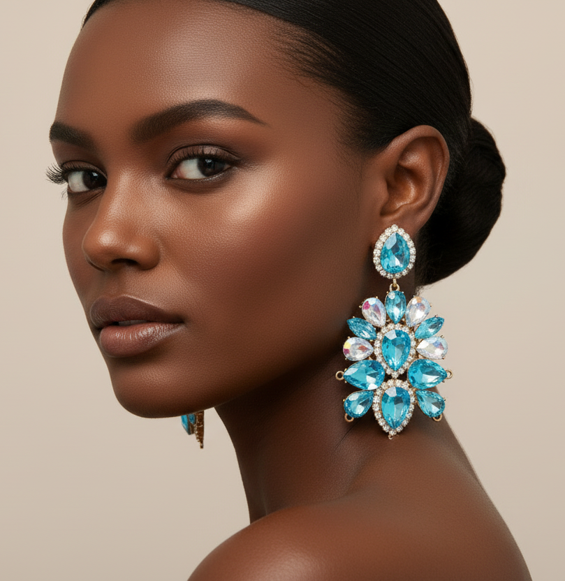 “Sparkle” Blue Crystal Rhinestone Statement Pierced Earrings