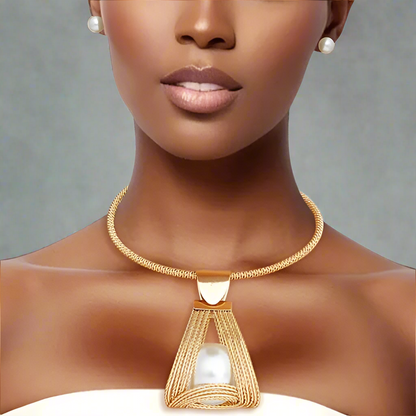 Enchantress: Gold Triangle Pearl Basket Pendant Necklace Set