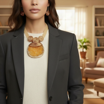 “Saffron Sunset” Orange Druzy Stone Wire Tribal Necklace Set