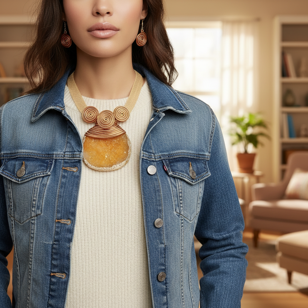 “Saffron Sunset” Orange Druzy Stone Wire Tribal Necklace Set