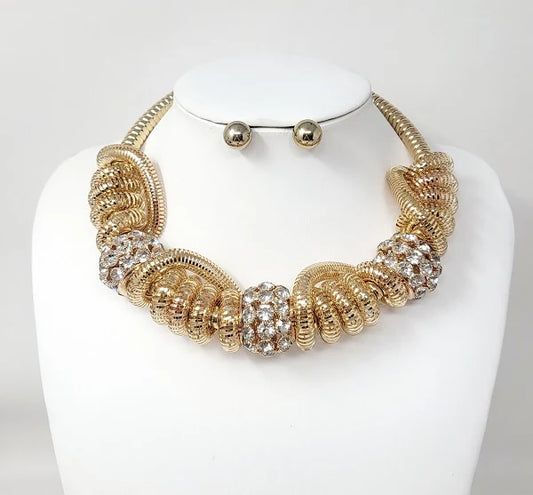 “Halle” Gold Twisted Metal Rhinestone Ball Collar Necklace Set