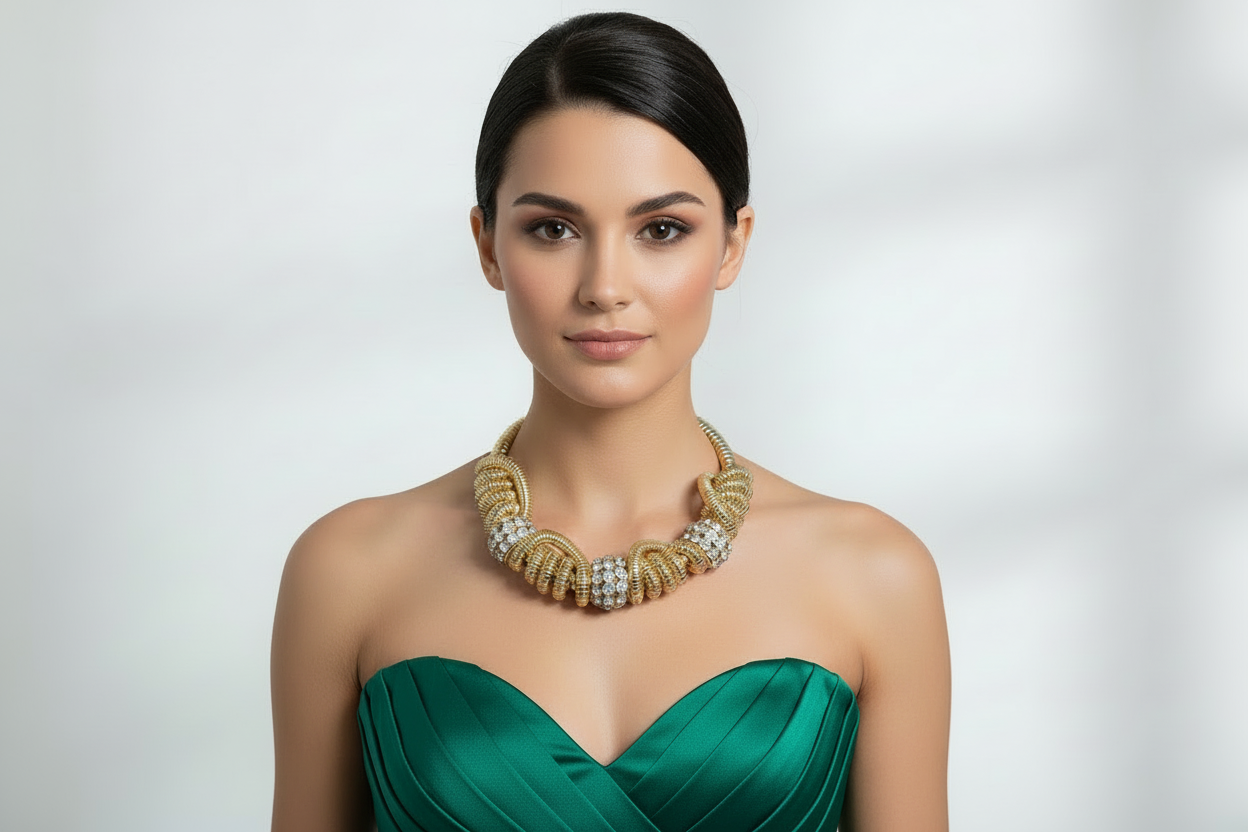 “Halle” Gold Twisted Metal Rhinestone Ball Collar Necklace